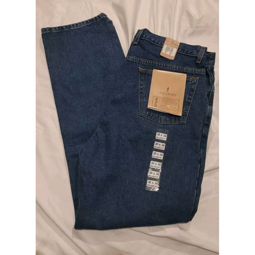 Lanesboro Men's 38x34 Straight Leg Relaxed Fit Denim Blue Jeans 100% Cotton‎